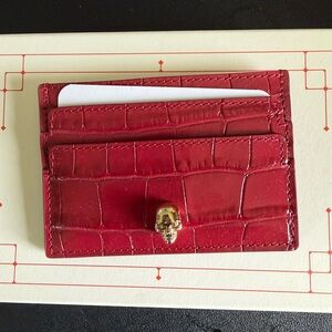 Alexander McQueen Red Croc-Embossed Leather Card Holder with Skull Accent